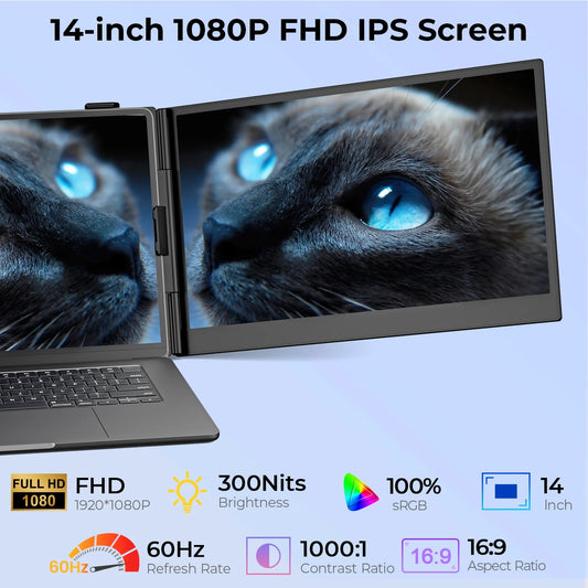 Zynity Laptop Screen Extender Ultra-Thin, 14" FHD 1080P Dual Portable Monitor for Laptop, 1.3lbs Lightweight Travel Monitor Extender Fit 13”-17”, Plug and Play for Windows/Mac/Android/Chrome