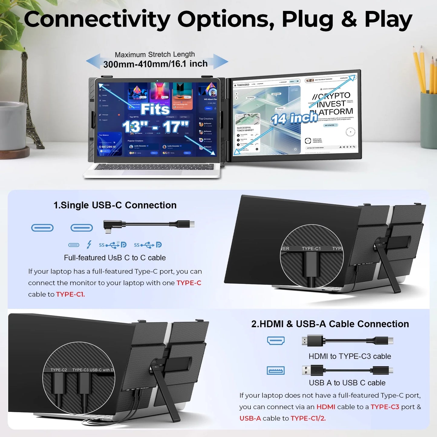 Zynity Laptop Screen Extender Ultra-Thin, 14" FHD 1080P Dual Portable Monitor for Laptop, 1.3lbs Lightweight Travel Monitor Extender Fit 13”-17”, Plug and Play for Windows/Mac/Android/Chrome