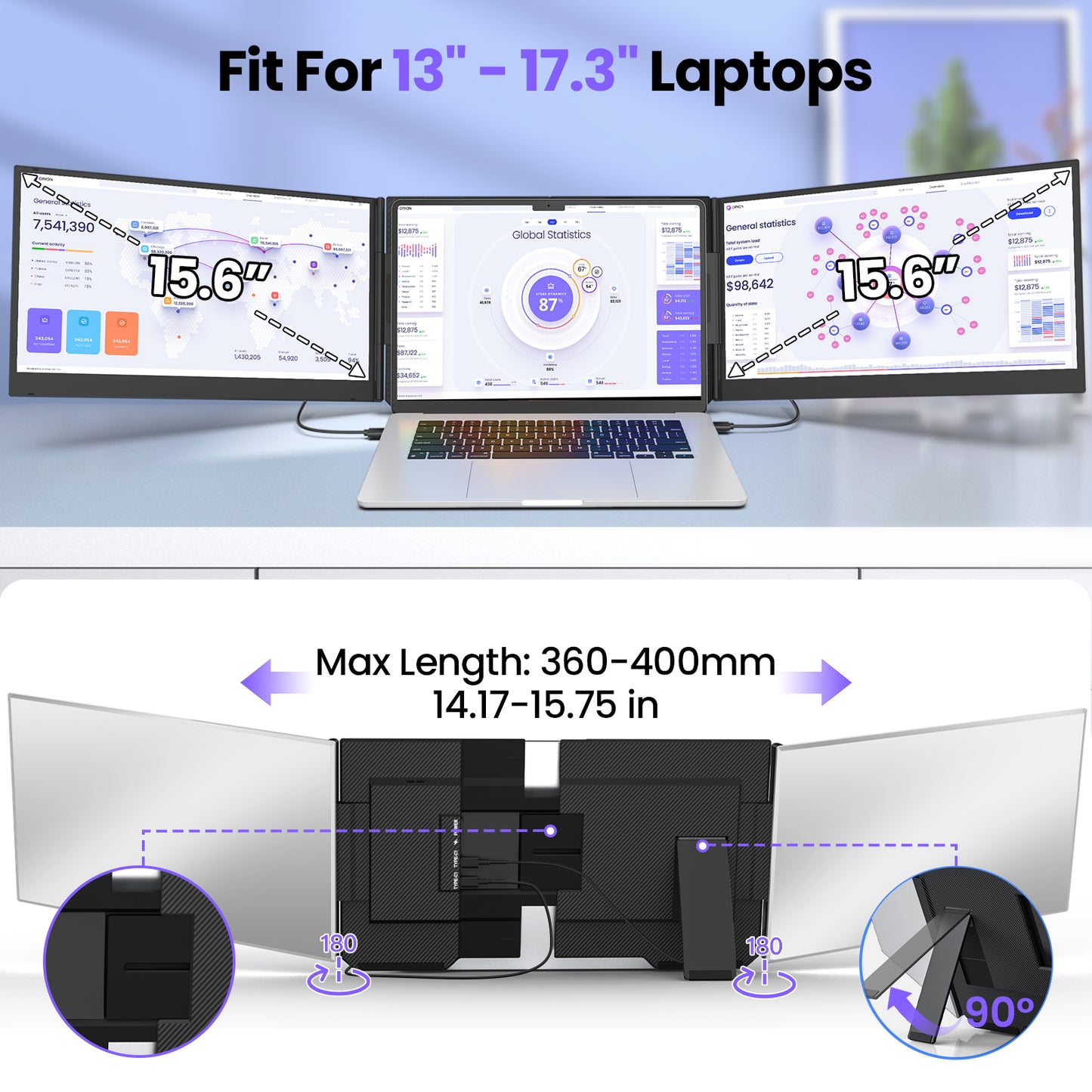 Zynity 15.6" Laptop Screen Extender, 1080P FHD IPS Portable Monitor Extender for 13"-17.3" Laptops, Aluminum alloy laptop dual-screen extender, Plug & Play Compatible with Windows, Mac & Android